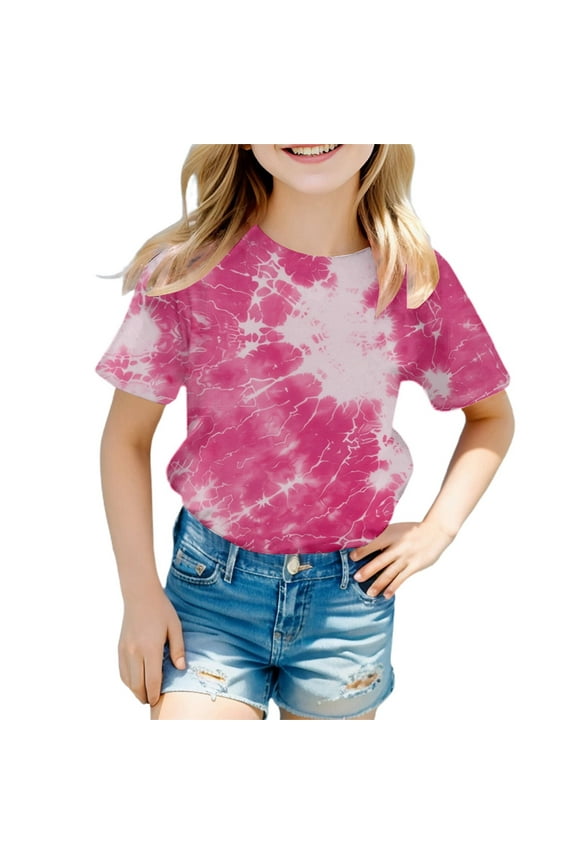 Cnuiaeg Shirts for Teens Girls' Tie Dye Print Short Sleeve T Shirt Summer Fashion Casual Round Neck Tee for Toddler & Kids Size:4-5 Years