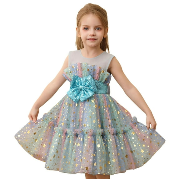 Cnuiaeg Stylish Summer Princess Mesh Dress for Little Girls with Starry Design,Color Sky Blue,Size 18-24 Months