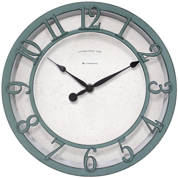 & Co 10" Farmhouse Series Wall Clock Shiplap Style Silent No Ticking Raised 3d Arabic Numeral Aged Teal Finish