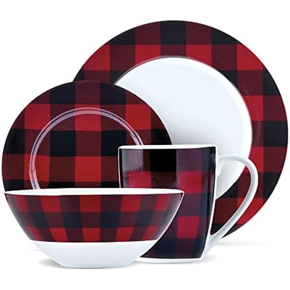 & Co. 16-Piece Red, Black Plaid Dinnerware Set, Porcelain, Includes Bowls, Plates, and Mugs, Dishwasher Safe$$Home Decor, Kitchen, & Other