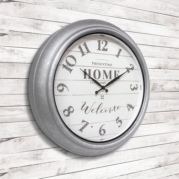 & Co 18" Vienna Modern Farmhouse Luminous Indoor/Outdoor Clock, Shiplap Style, Galvanized Silver Finish, Night Light with Smart Sensor, Wall Decoration, Outdoor Lights & Decoration