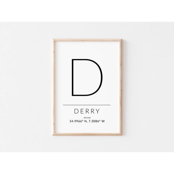 Co Derry Ireland Poster Minimalist Typography GPS Coordinates Poster, Unframed Poster Size 8x12