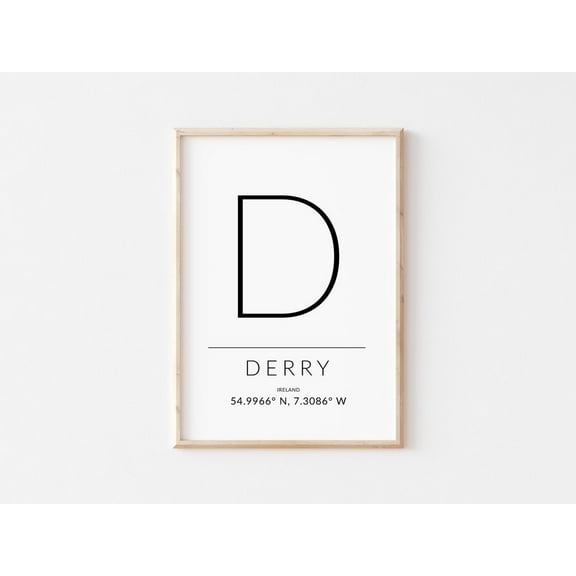 Co. Derry Ireland Poster Minimalist Typography, Gps Coordinates Home Decor, 16x24 UNFRAMED
