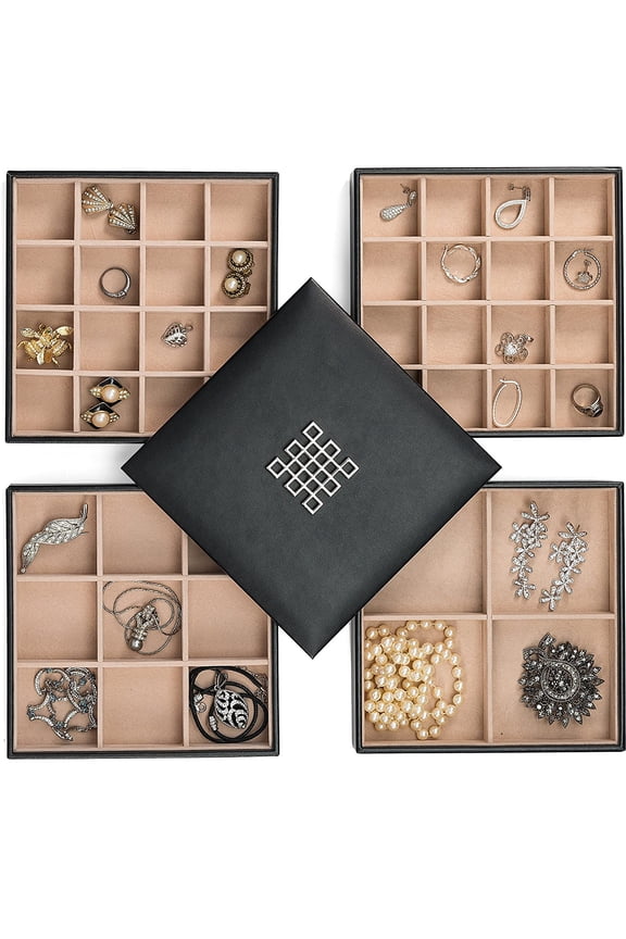 Co Earring Organizer Tray - 4 Stackable Trays with Lid -45 Slot Classic Jewelry Storage Display Case for Drawer or Dresser - Holder for Earring Ring Necklace or Cufflinks - Large Mirror - Black