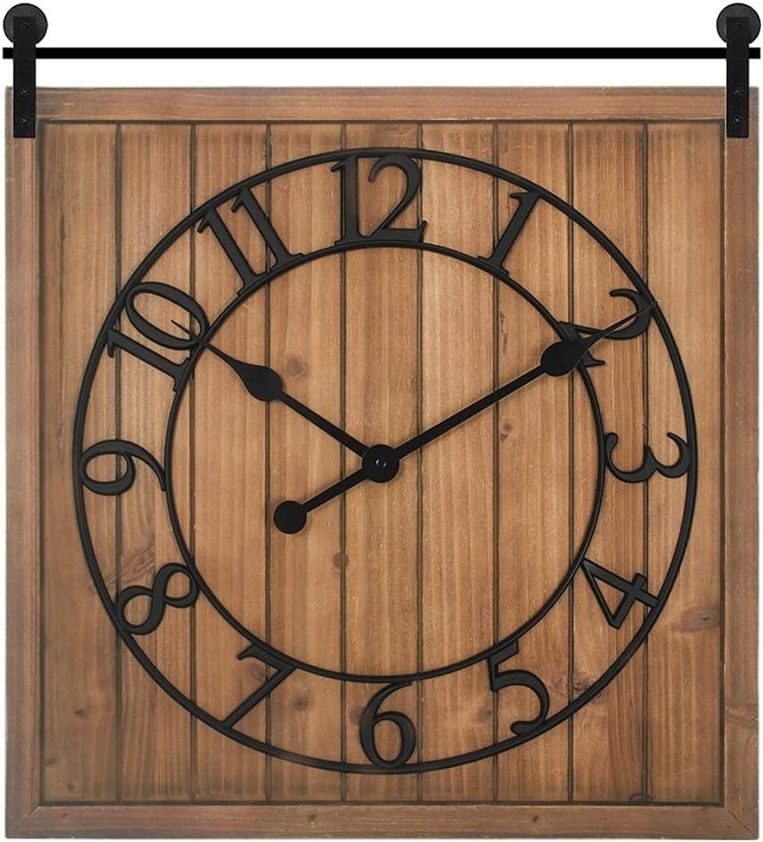 & Co Farmhouse Barn Door Clock, Shiplap Style, Brown Wood Color, Silent