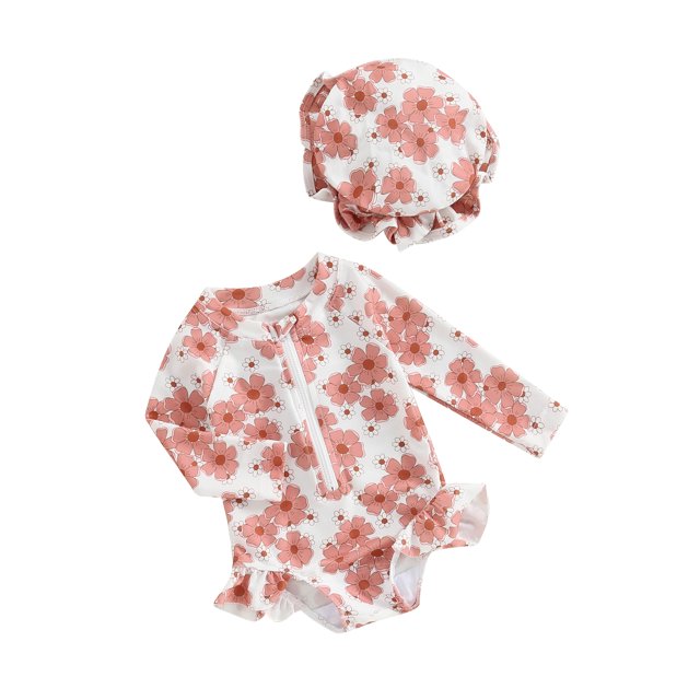 Co.MMehjri Baby Girls Swimsuit, Long Sleeve Flower Print Zipped Bikini