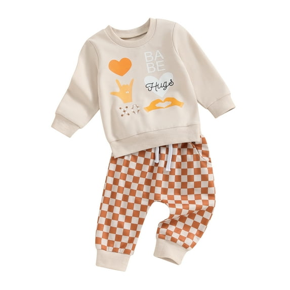 Co.MMehjri Toddler Baby Boys Valentine's Day Outfits 0-3T Infant Heart Letter Print Long Sleeve Sweatshirts and Checkerboard Long Pants 2Pcs Clothes Set