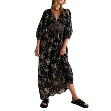 Co.MMehjri Women’s Bohemian Floral Dress Summer Half Sleeve V Neck Shirred Waist A-Line Dress