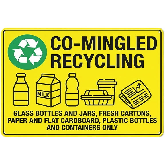 Co-Mingled Recycling Sign - 12×8 Inches, Metal Aluminum Sign, Weather-Resistant Indoor Outdoor Waste Management Decor