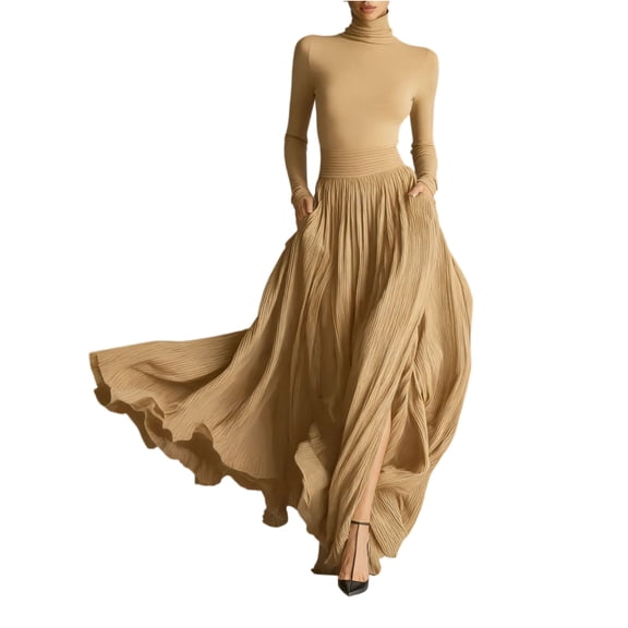 Co-Ord Set Dress, Sophisticated Long Sleeve Top and Midi Skirt Set, Chic Matching Outfit for Office, Wedding Guest & Holiday Party Camel XS