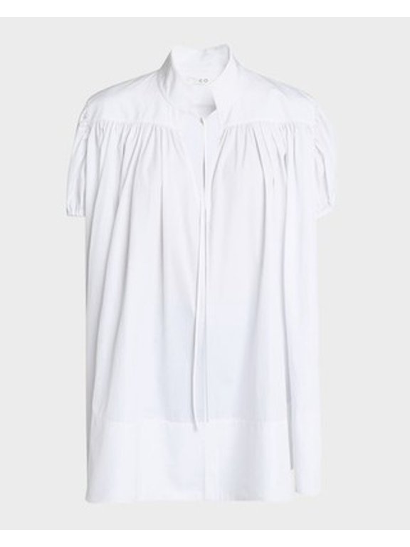 Puff Sleeves Gathered Cotton Tunic Collared Top Women's M White Pullover