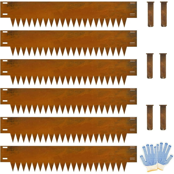 Co rten Steel Landscape Edging 12 Inch Tall 6 Packs, Pre-Rusted Metal Garden Edging, Hammer in Landscape Edging with 6 Clips and a Pair of Gloves, Steel Edging for Landscaping, Lawn Rusty