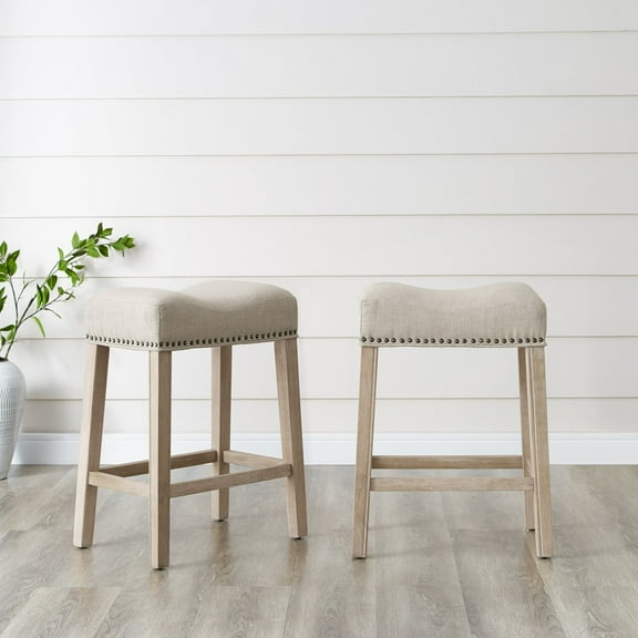 CoCo Upholstered Backless Saddle Seat Counter Stools 24" Height Set of 2, Tan - Wood Tan - Weathered Wood Grain Finish - Residential Use