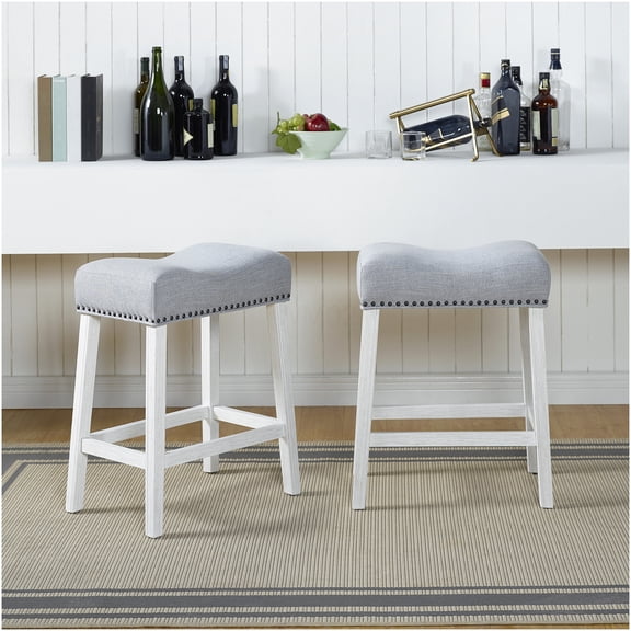 CoCo Upholstered Counter Stools Set of 2, Gray Fabric Saddle Seats with Nailhead Trim for Kitchen Island