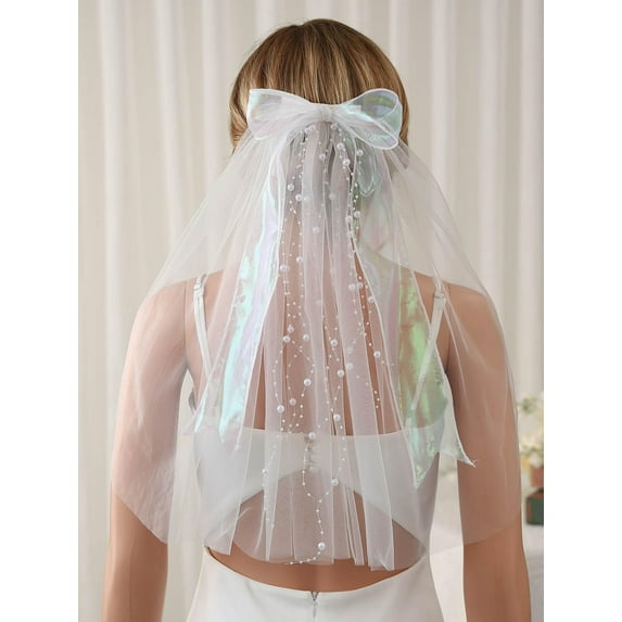 CoCoMangos 1 Tier Bride Wedding Veil Bachelorette Party Veil Bowknot Elbow Veil Bridal Tulle Veil with Headpiece for Women