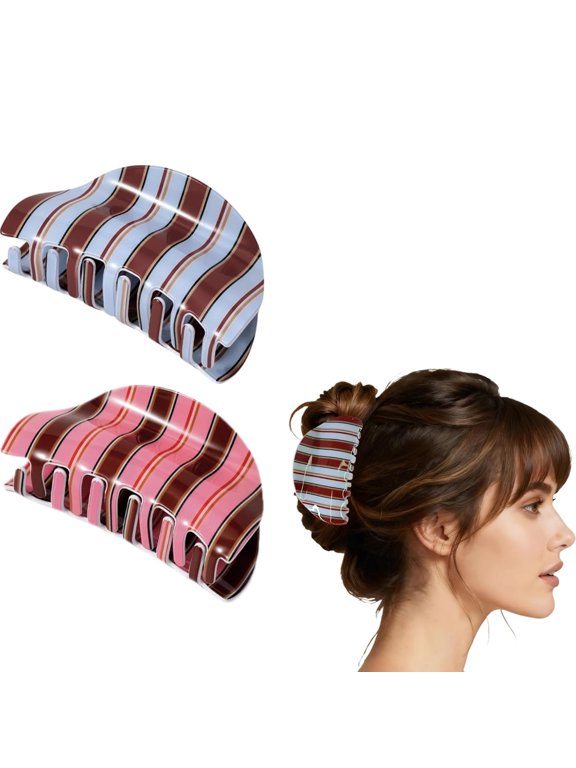 2Pc Medium Hair Clips for Women, Striped Claw Clip, Half-up Hairstyle, Polka Dot and Plaid Hair Clips, Large Acrylic Hair Claw Clips Polka Dots, Ideal Gift for Women