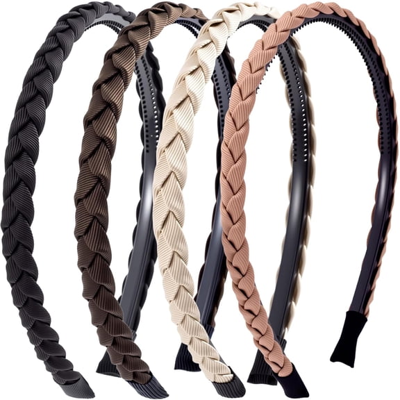 CoCoMangos 3 Pcs Braided Headbands for Women, Non Slip Skinny Headbands for Women, Comfortable Flexible Braided Hair Headband (Black, White, Brown)