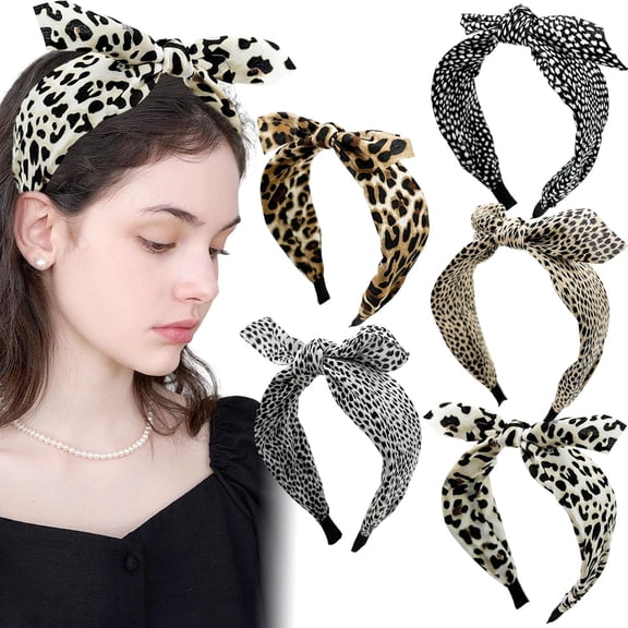 CoCoMangos 5PCS Leopard Print Bow Headbands, Cute Wide Knotted Headband, Soft Cheetah Elastic Fashion Hairbands Non Slip Hair Accessories for Women