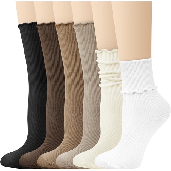 CoCoMangos 6 Pairs Ruffle Socks Soft Cute Frilly Turn-Cuff Long Casual Slouch Cotton Crew Socks for Women Gifts