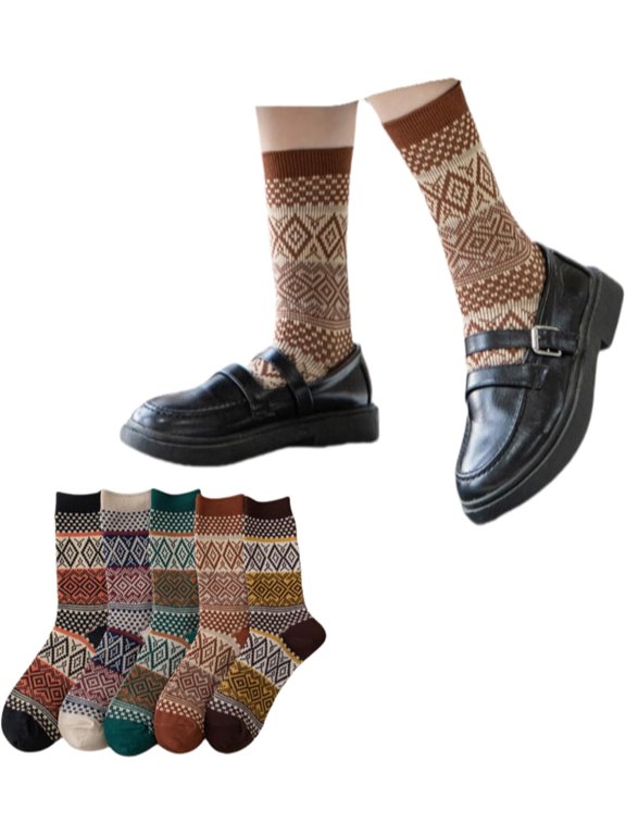 Argyle Socks Retro Diamond High Ankle Women 5 Pairs Cotton Double-Needle Double-Layer British Style
