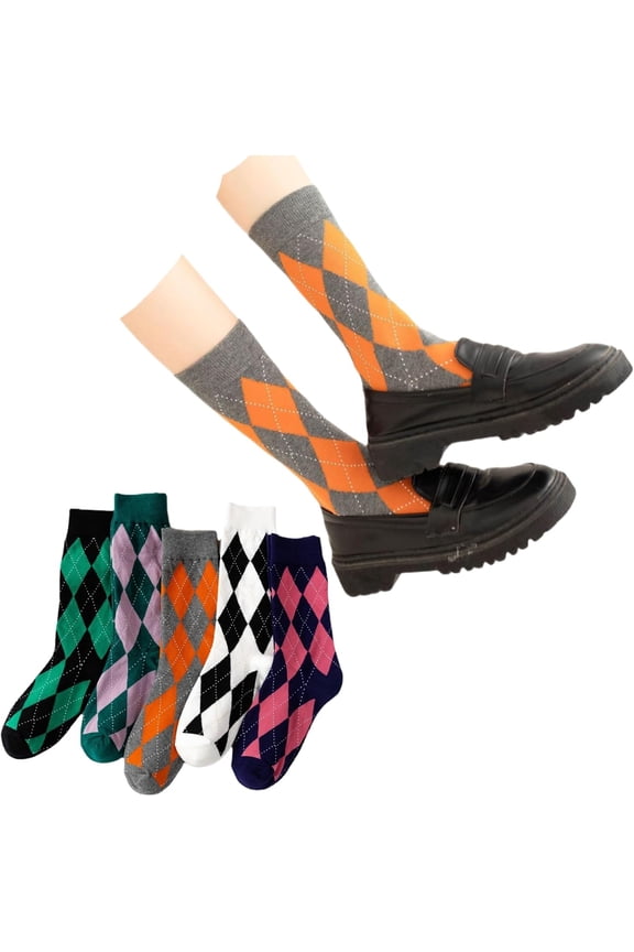Argyle Socks Retro High Ankle Women 5 Pairs British Style Cute Plaid Mid-calf Casual Crew Socks