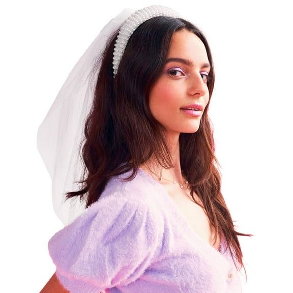 CoCoMangos Bachelorette Party Decorations Pearl Headband with Detachable Veil | White Headpiece Bridal Shower Gift, Bridesmaid Favors