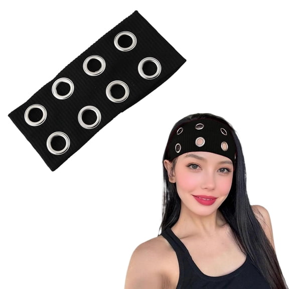 CoCoMangos Black Grommet Headband, 14 Eyelet Y2K Wide Elastic Hairband, Punk Grunge Alternative Hair Accessories, Stretchy Gothic Headband for Women (small-hole)