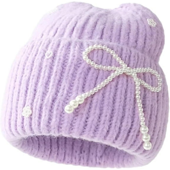 CoCoMangos Bow-Tie Beanie Hat Women Knit Retro Y2K Skull Cap Solid Color Soft Ski Hat Plush Crochet Winter Warm Hats