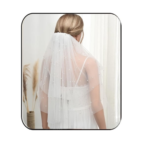 CoCoMangos Bride Wedding Veil 2 Tier White Pearl Fingertip Veils Bachelorette Veil Bridal Tulle Veil with Comb for Party