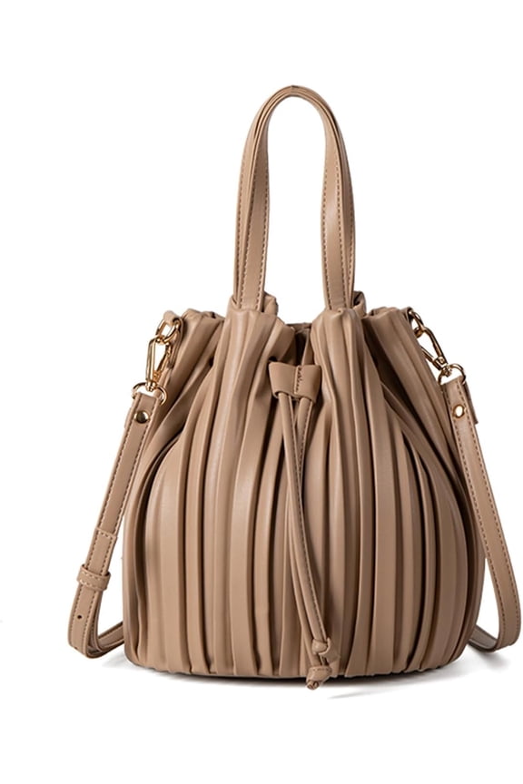 Bucket Bags for Women, Mini Leather Drawstring Crossbody Bucket Purses Pleated Shoulder Handbags
