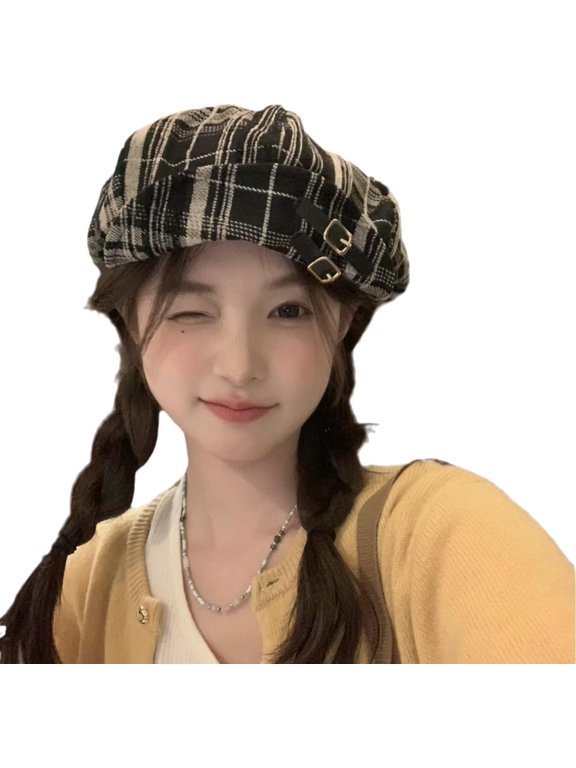Cutecore Plaid Beret Cap Y2K Vintage Buckle Newsboy Hat Grunge Aesthetic Streetwear Accessories Emo Acubi Octagon Hat