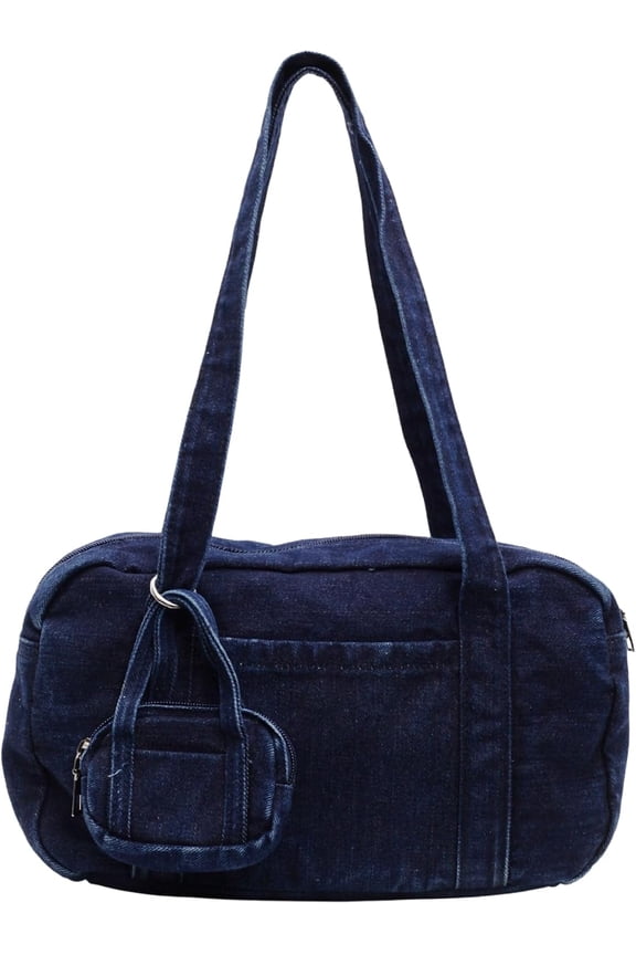 Denim Bowler Bag for Women,Top Handle Purse,Dome Structured Crossbody Bag with Small Purse,Casual Vintage Style Shoulder Bag