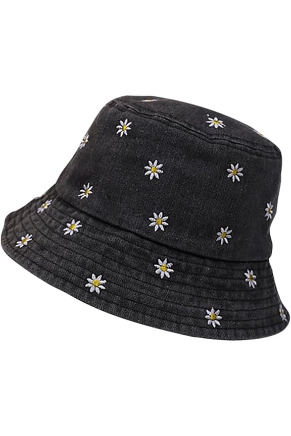 Denim Daisy Bucket Hat Floral Pattern Hat Summer Fisherman Cap Outdoor Casual Sun Hat Packable Beach Bucket Hat Black