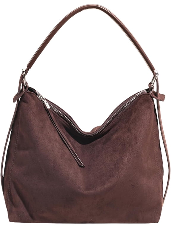 Faux Suede Handbag for Women, Soft Leather Hobo Purse with Crossbody Adjustable Strap, Vintage Slouchy Tote Bag for Everyday