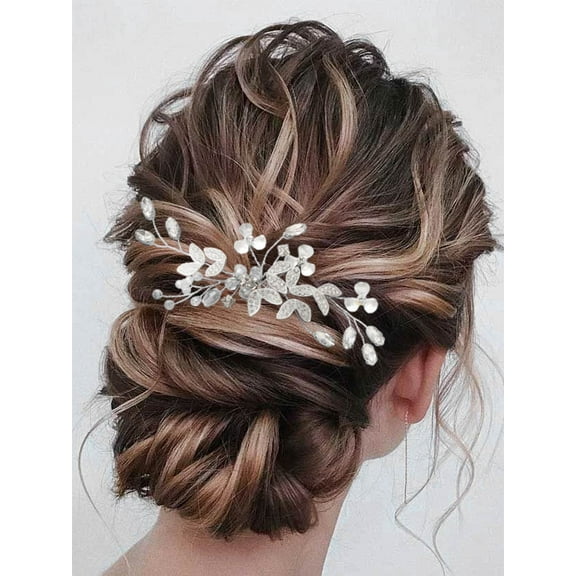 CoCoMangos Flower Bride Wedding Hair Comb Silver Leaf Bridal Hair Accessories Crystal Hair Piece for Women and Girls