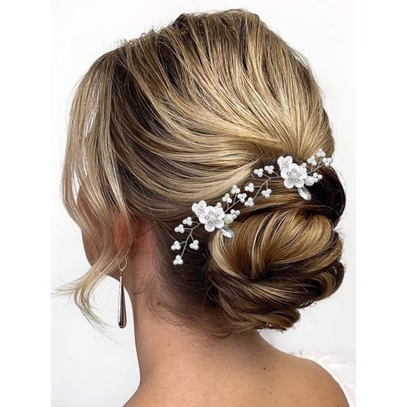 CoCoMangos Flower Bride Wedding Hair Pins Silver Pearl Bridal Hair Pieces Rhinestones Hair Accessories for Women and Girls(Pack of 2)