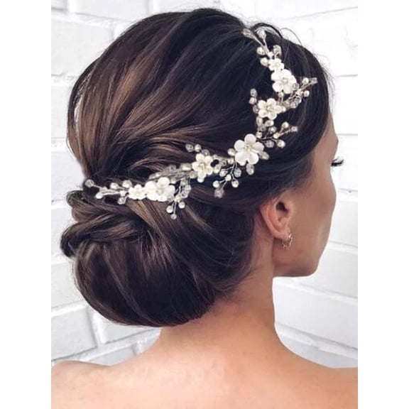 CoCoMangos Flower Bride Wedding Hair Vine Pearl Bridal Headband Rhinestones Hair Breath Accessories for Women and Girls (A Silver)