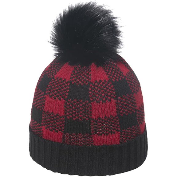 CoCoMangos Girls Boys Winter Warm Check Knit Pompom Beaine Knit Skull Cap Rolled Edge Design