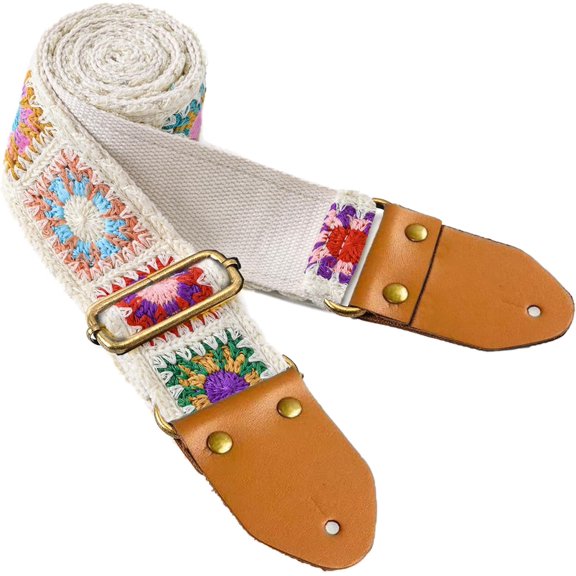 CoCoMangos Guitar Strap, Crochet Flower Cotton Acoustic Electric Guitar Straps, Bass Guitar Strap Adjustable with Leather Ends