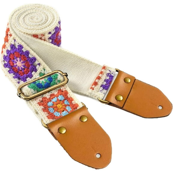 CoCoMangos Guitar Strap, Crochet Flower Cotton Acoustic Electric Guitar Straps, Bass Guitar Strap Adjustable with Leather Ends
