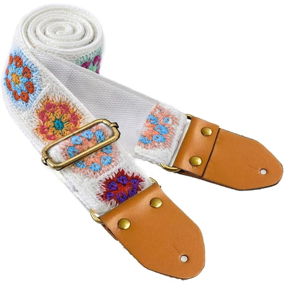 CoCoMangos Guitar Strap, Crochet Flower Cotton Acoustic Electric Guitar Straps, Bass Guitar Strap Adjustable with Leather Ends