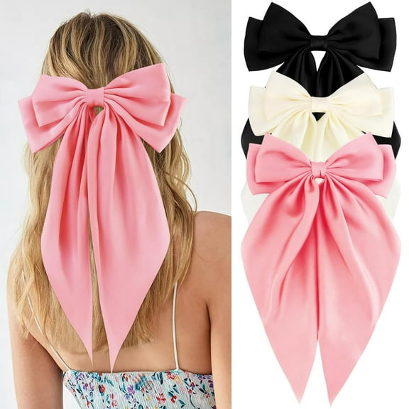 CoCoMangos Hair Bows for Women Girls 3Pcs Pink Red Rose Red Silky Satin Large Bows Hair Clip Oversized Hair Ribbons Long Tail Big Bows Hair Accessories