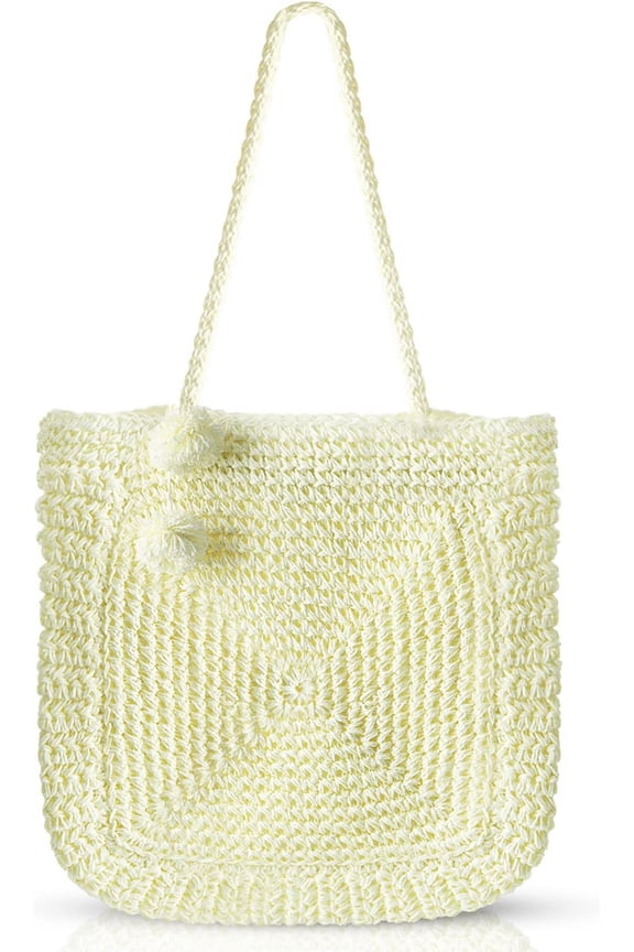 Hand-woven Soft Large Straw Shoulder Bag with Black Tassels Boho Straw Handle Tote Retro Summer Beach Bag Rattan Handbag