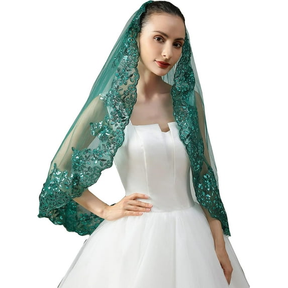 CoCoMangos House 1 Tier Short Lace Sequin Green Wedding Bridal Veil With Comb X77