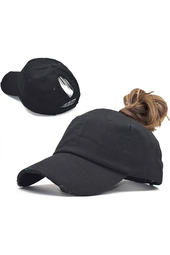 INOGIH Women Distressed High Bun Ponycaps Baseball-Hat Girls Cotton Ponytail Baseball-Cap Adjustable