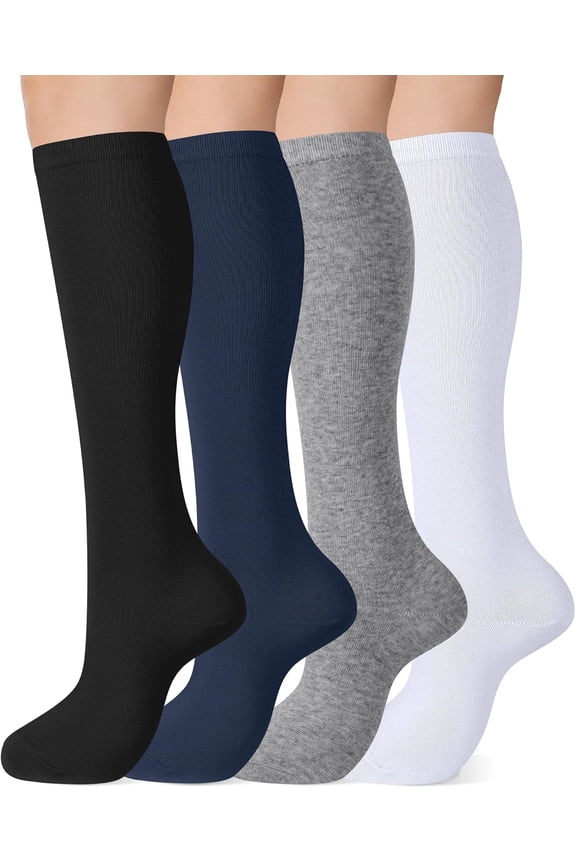 Knee High Socks for Women, Cotton Elastic Uniform Stockings Long Dress Athletic Tall Tube Socks 4 Pairs