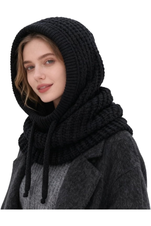 Knit Balaclava Hooded Scarf 2 in 1 Breathable Oversized Winter Hood Hat Cozy Chic Warm Beanies for Women Cold Weather