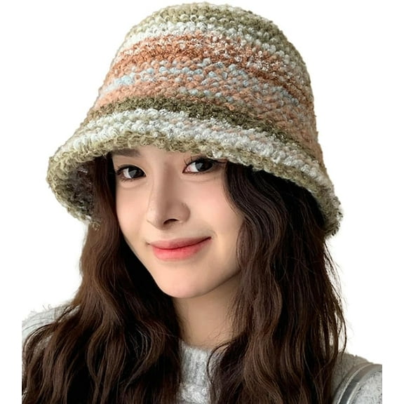 CoCoMangos Knitted Bucket Hats for Women Color Stripe Fishing Hat Winter Hat Warm Skull Cap Beanies Cap Fisherman Cap Fall Winter