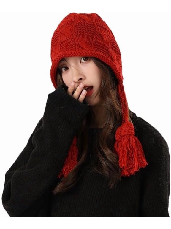 Knitted Peruvian Beanie Hat with Ear Flaps for Womens Ear Cover Wool Sherpa Hat Winter Outdoor Ski Snow Skull Hat