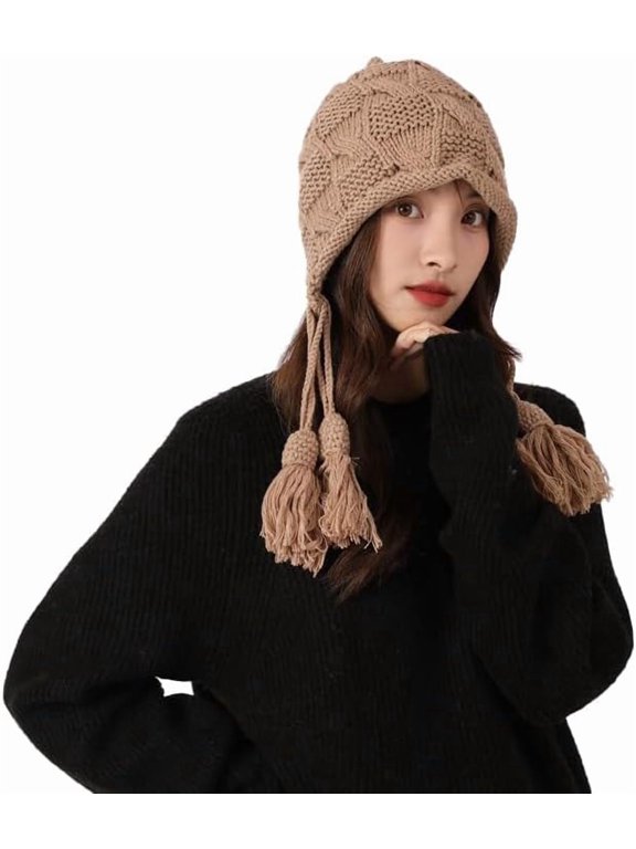 Knitted Peruvian Beanie Hat with Ear Flaps for Womens Ear Cover Wool Sherpa Hat Winter Outdoor Ski Snow Skull Hat